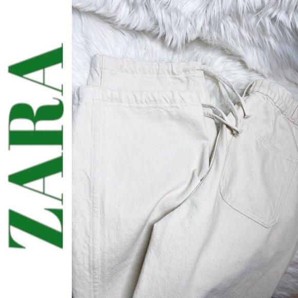 ZARA Ivory Cream 100% Cotton Wide Leg High Rise Drawstring Cuff Jeans, Size Smal - Picture 9 of 12